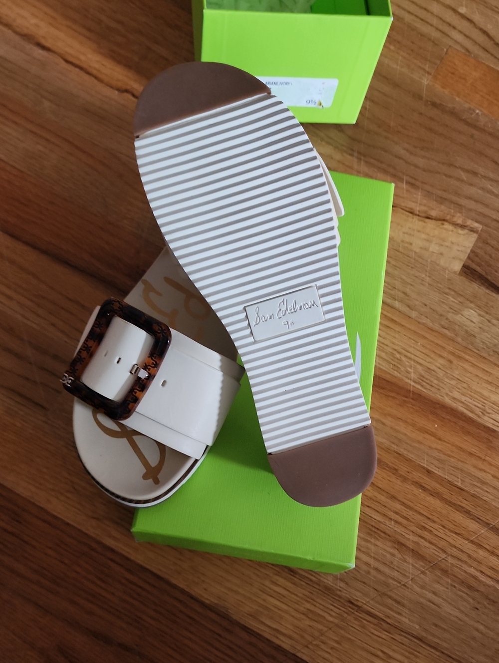 Sam Edelman White Slide Sandals with Tortoiseshell Buckle - Picture 3 of 3